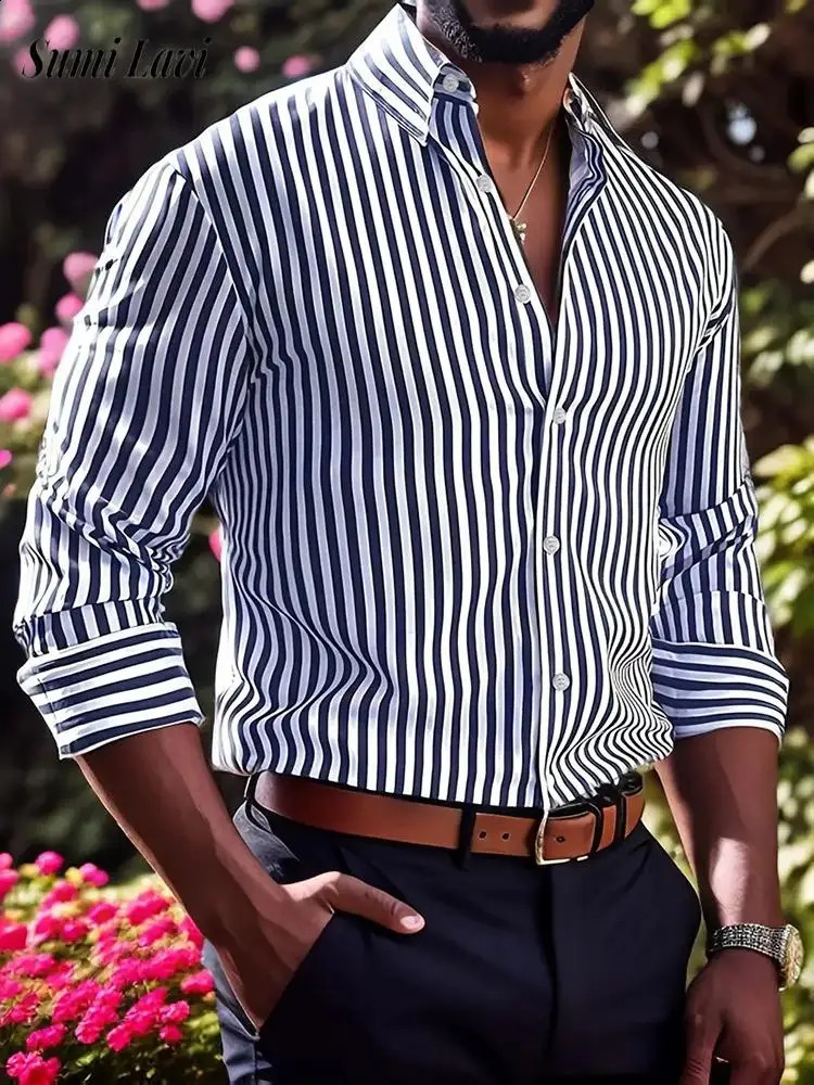 Streetwear Vintage Striped Shirt For Mens Long Sleeve Button-up Turn-down Collar Shirts Men Clothes Spring Casual Cardigan Tops 250224