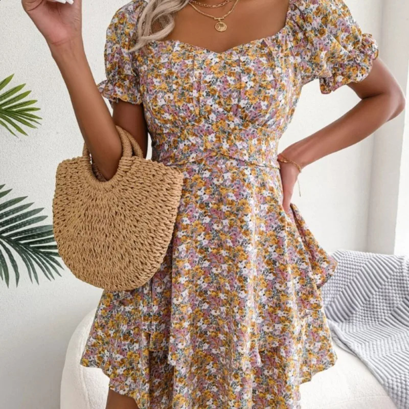 Dress For Women Summer Temperament Sexy Square Neckline Floral Pattern Waist Cinching Big Swing Short Skirt 250227Z