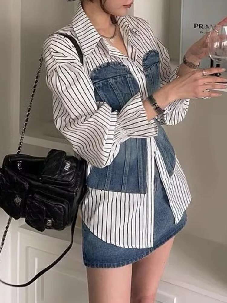 Korean Fashion Denim Patchwork Long Sleeve Striped Blouse Slim Single Breasted Temperament Women Shirt Spring 2025 Autumn
