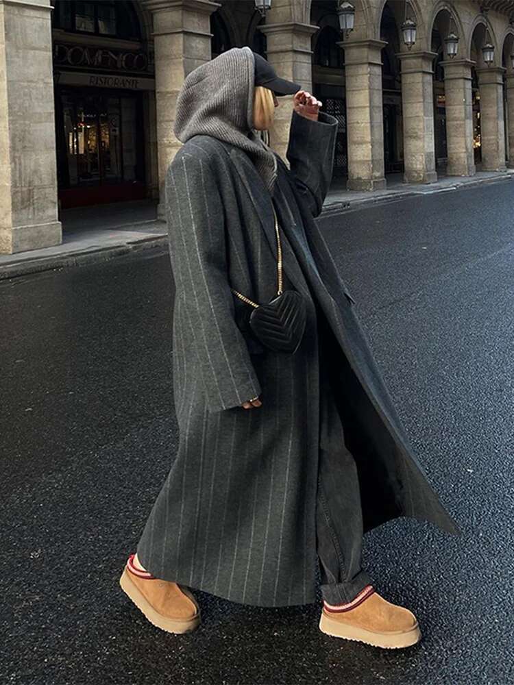 Vintage Women Stripe Woolen Overcoats Fashion Lapel Sleeves Oversized Long Coats 2024 Autumn Winter Lady Commute Jacket
