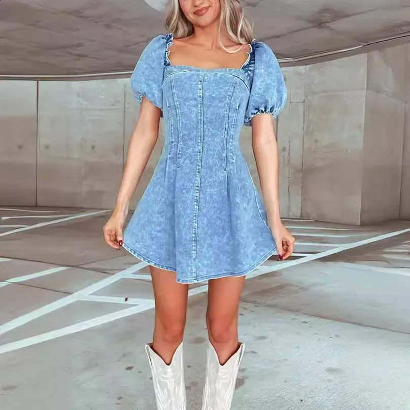 Cowboy dress sleeveless retro Distressed mini Puff sleeves backless denim Aline sexy womens Vestidos streetwear 250227Z