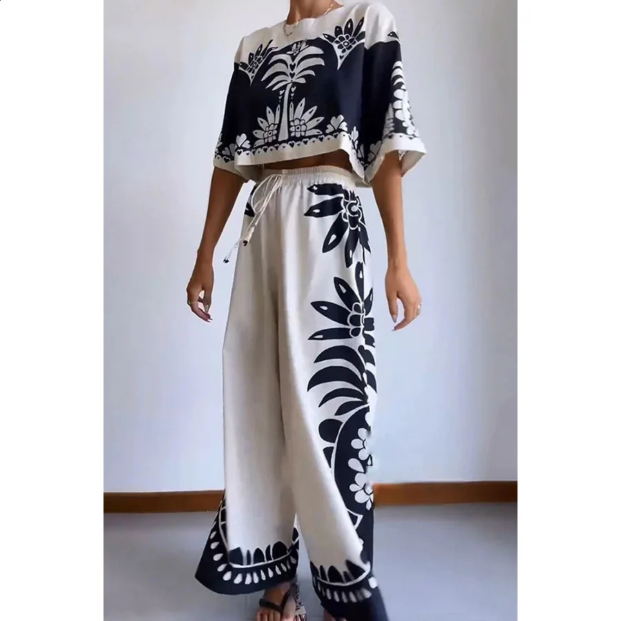 Vintage Print Woman Tank Top Trousers Suit O Neck Half Sleeved Loose T-shirt Pants 2pcs Set Elastic Waist Chic Vacation Outfit 250225