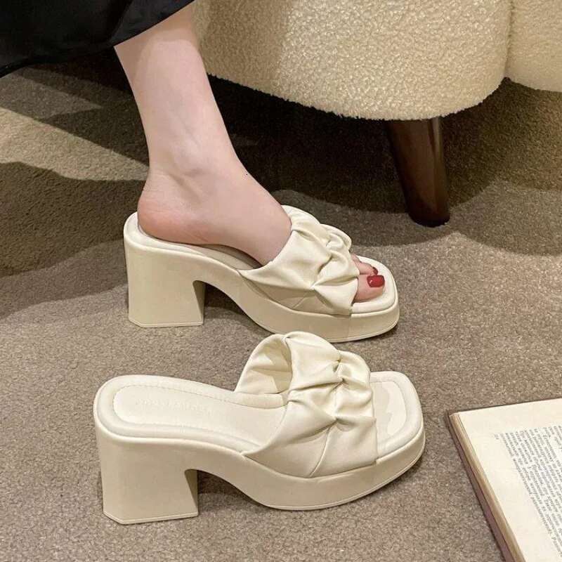 Casual Summer High-heeled Women Fish Mouth Ladies Shoes on Sale 2025 Fashion New Square Toe Anti-wrinkle Women's Slippers 's