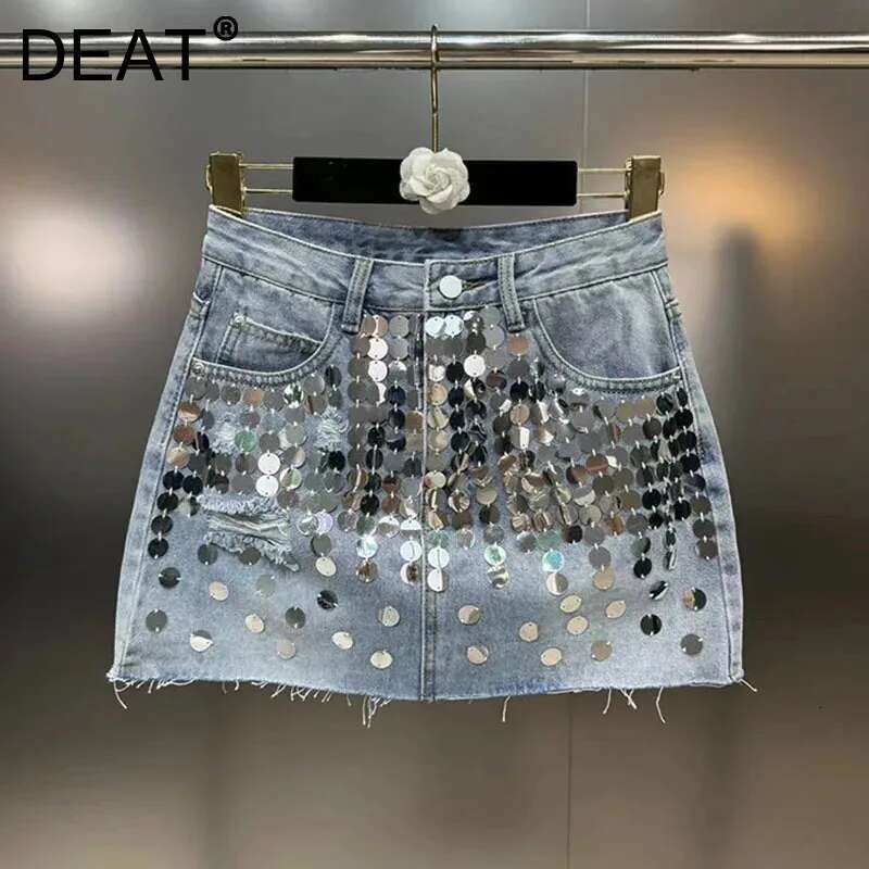 DEAT Sequins Decoration Denim Skirts For Women 2024 Summer New Items High Waist Wrap Hip Skirt Female Trendy Fashion 29L7154