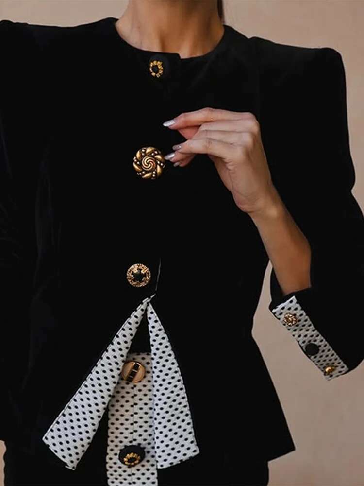 Designer Veet Patchwork Suit Coat Jacket High Waist Skirt Set Vintage Color Contrast Slim Fit Round Neck Women Top Overcoat Long Skirts