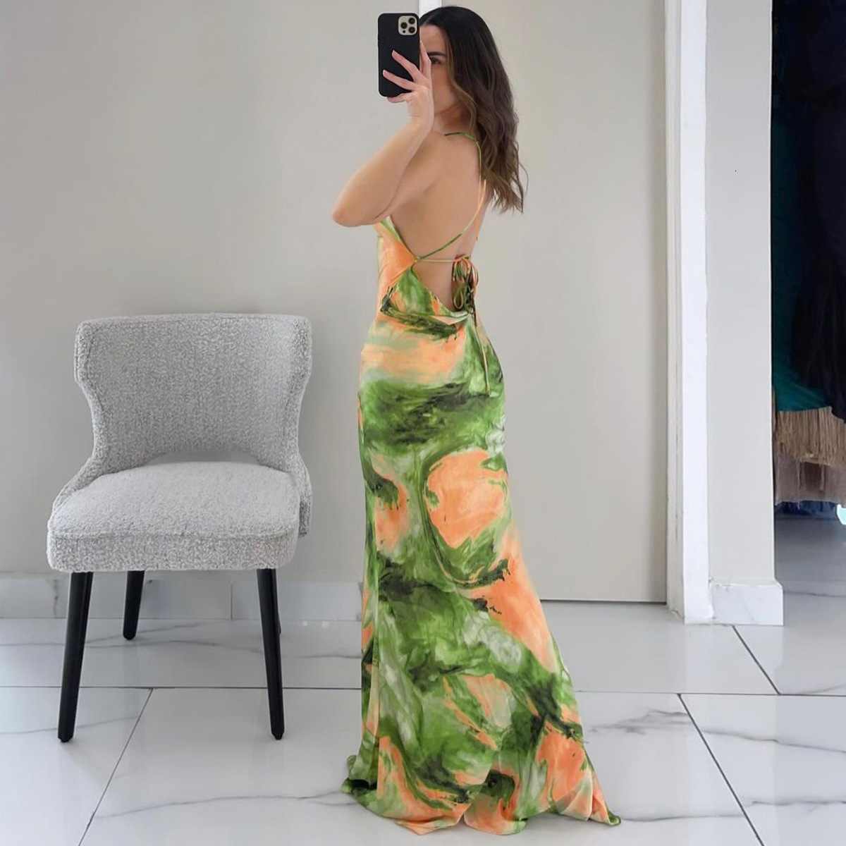Hot Selling Women's Clothing New4 Summer New Product Fashionable Printed Sexy Backless Lace Up Slim Fit Dress