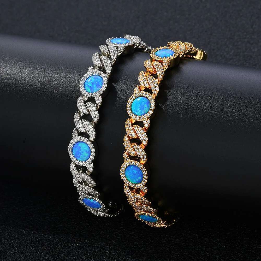 Hip Hop Jewelry 8mm Wide Fashionable Men's And Women's Blue Opal With Cubic Zirconia Sparkg Cuban Chain Necklace