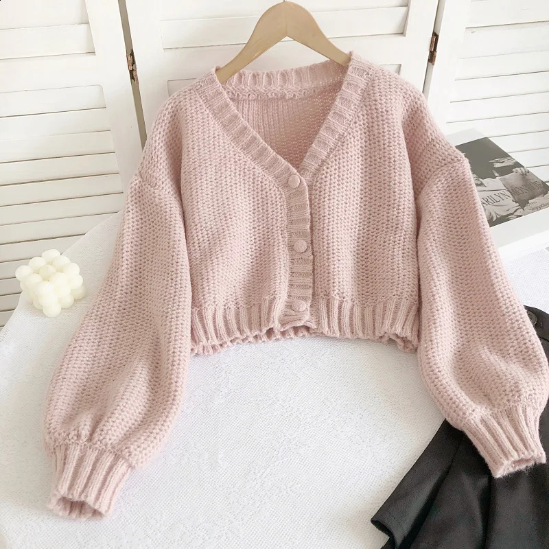 Retro Lazy Vneck Longsleeved Knitted Cardigan Autumn Winter Breasted Sweater Jacket Solid Color Short Women Cardigans 250225