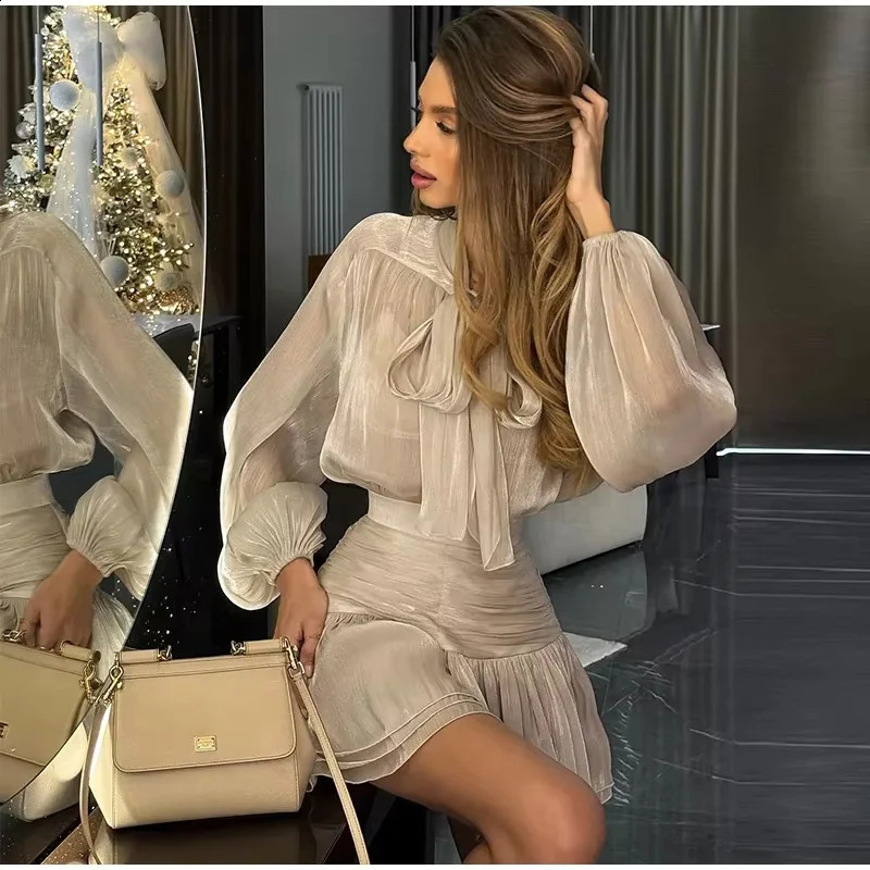 Elegant Lace Up Bow Puff Long Sleeve Mini Dresses Sexy Slim Solid Pleated Skirt Fashion Women 2025 High Street Vestdios 250227Z