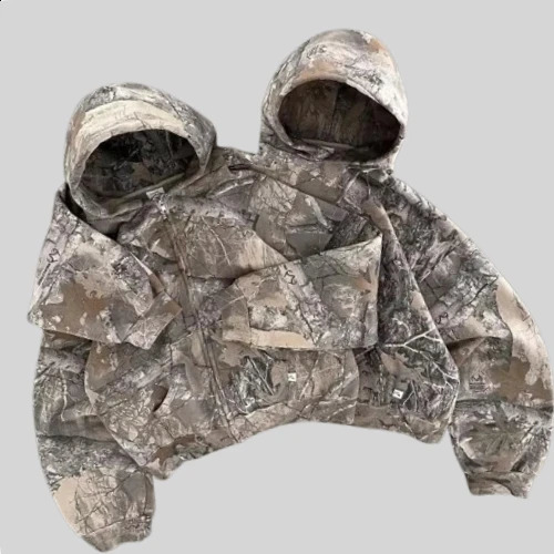 Streetwear Green Camouflage Hoodie Harajuku Gothic Leaf Graphic Printed Oversized Zipper Sweatshirt Y2K Retro Clothing Mens Style 250225