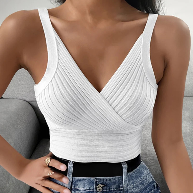 Rib Knit Wrap Front Crop Top Women VNeck Sleeveless Camis and Tanks Summer Sexy Club Party Outfit 250224Z