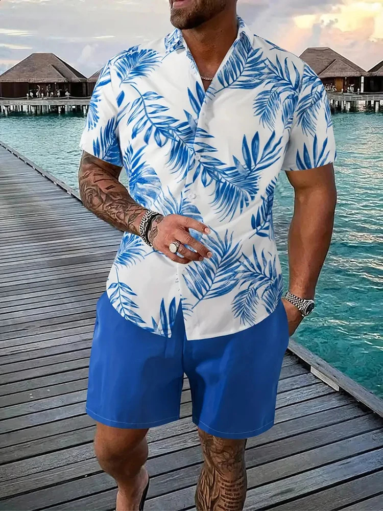 Hawaiian Mens Short-sleeved Shirt And Beach Shorts Set Summer Casual Mens Shirt Beach Vacation Loose Breathable Mens Shorts 250225