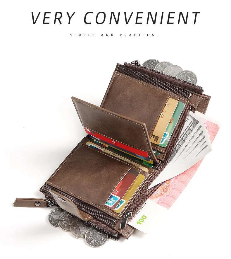 2025 New Men's Designer Coin Wallet RFID Barrier Zipper Retro PU Leather Credit Card Clip Money Bag Wallet