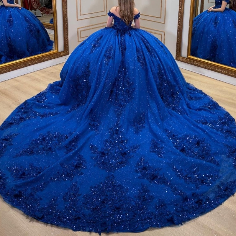 Royal Blue Shiny Quinceanera Dresses Ball Gown Off Shoulder Applique Lace Beads Tull Corset Sweet 16 Dress Vestidos 15 De Anos
