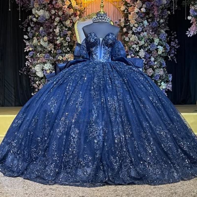 Navy Blue Shiny Quinceanera Dresses Ball Gown Off The Shoulder Applique Lace Beads Bow Tull Party Birthday Sweet 16 Vestidos 15 Anos