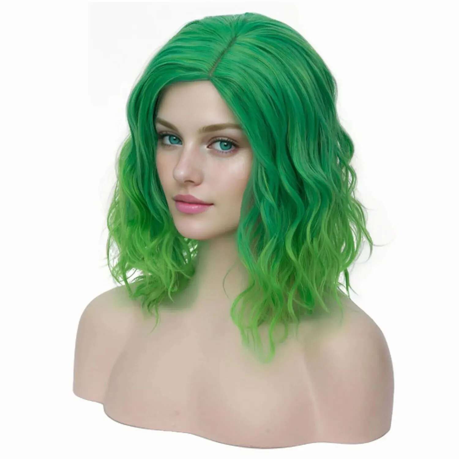 Synthetic Short Curly Bob Wavy Girls Ombre Green 14" Body Wave Shoulder Length Hair Wig Halloween Cosplay Daily Party Wigs