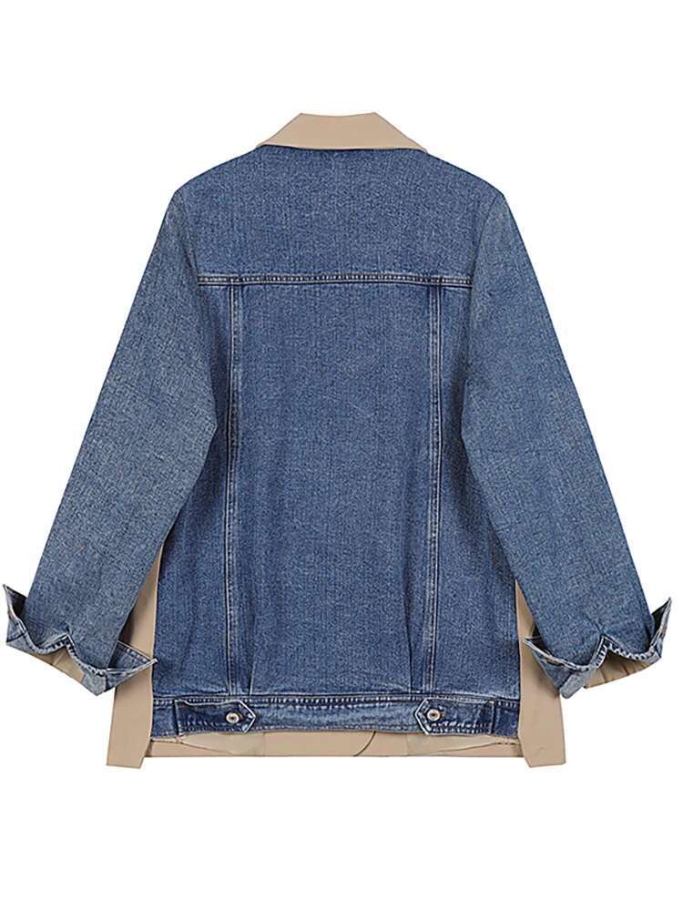 DEAT Women's Blazer Notched Collar Patchwork Denim Khaki Long Sleeve Suit Coat 2025 Spring New Fashion 29L1530