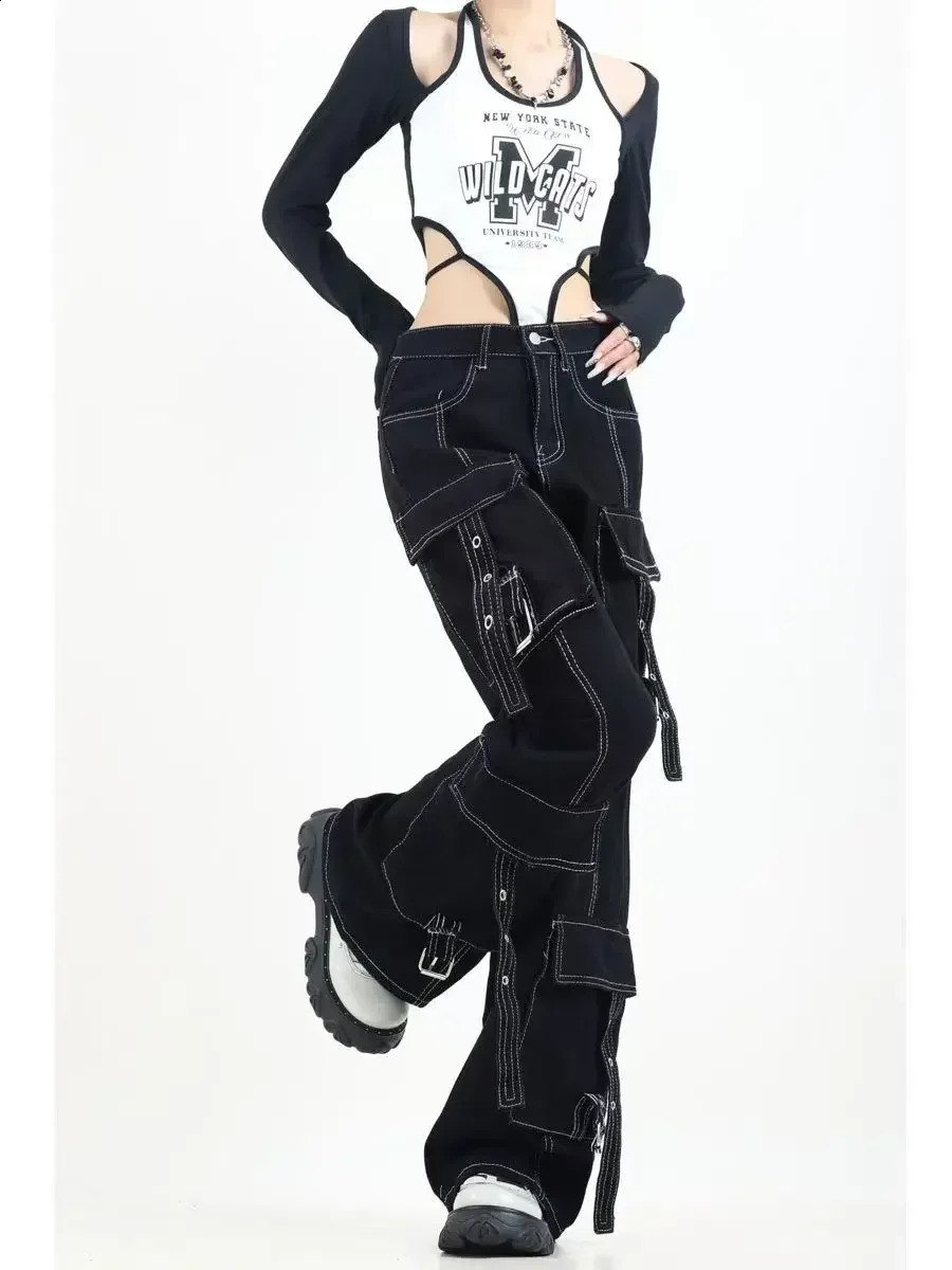 American Heavy Craftsmanship Retro Dopamine Women Multi-pocket Overalls Line Decoration Full Straight Loose Wide Leg Jeans 250224