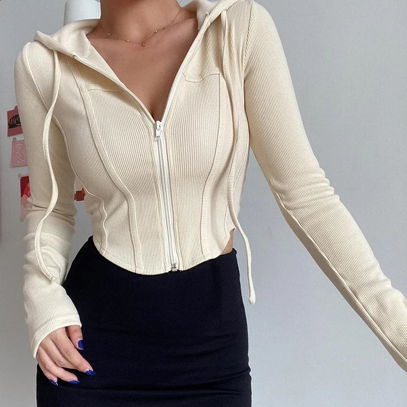 Streetwear Slim Fit Cropped Jacket Women Korean Fashion Long Sleeve Hooded Crop Top Woman Wild Ribbed Zipper Up Sweatshirt 250225