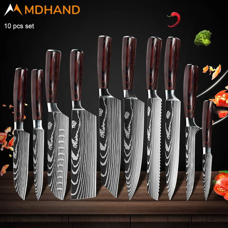 Kitchen Knife Set Damascus Pattern Stanless Steel Japanese Santoku Knife Cleaver Slicing Utility Knife 250226