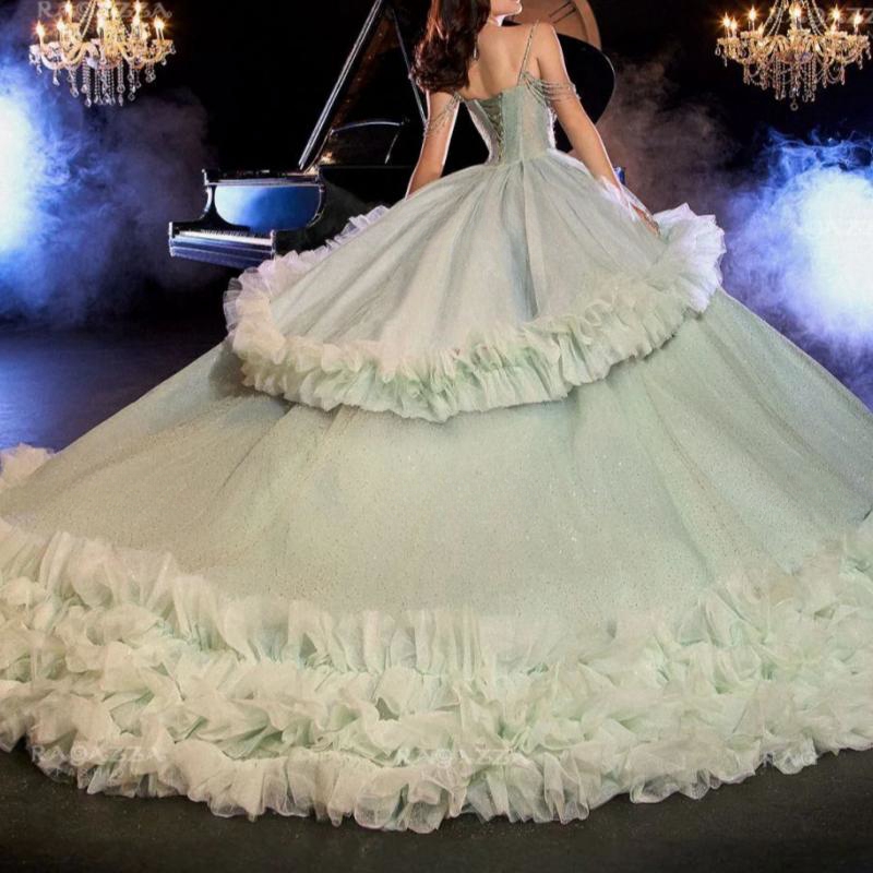 Sage Green Shiny Quinceanera Dresses Ball Gown Off Shoulder Beading Crystal Tull Tiered Sweet 16 Dress Vestidos 15 De Anos