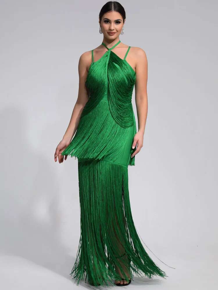 Women Celebrity Sexy Sleeveless Tassel Green Maxi Long Bandage Dress 2024 Knitted Elegant Evening Club Party Outfit