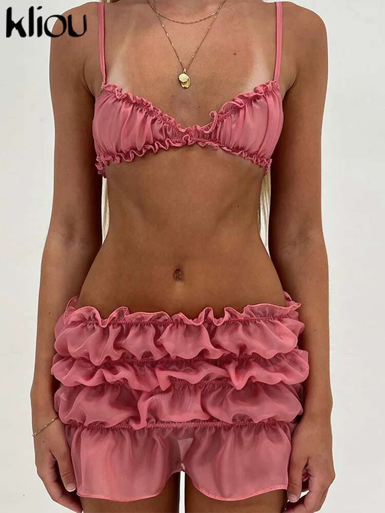 Kliou Pleated Summer Two Piece Set Women Concise Solid Elastic Suspendecy Camisole+High Waist Skirts Female Holiday Beach Suits