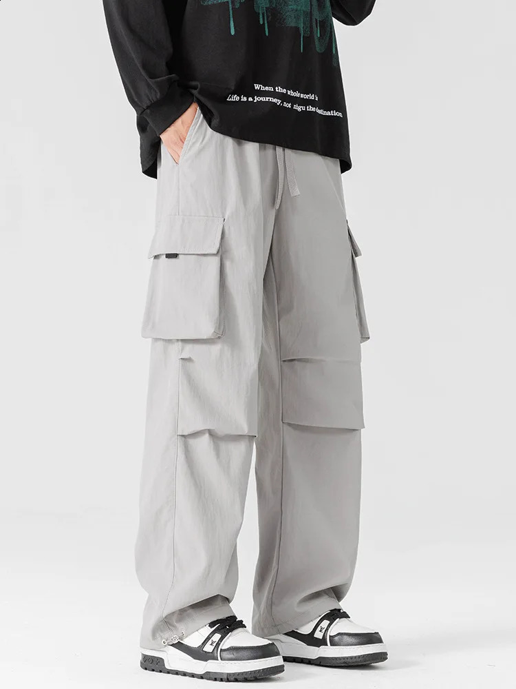Plus Size 10xl Mens Straight Cargo Pants Spring Summer Ice Silk Cool Multi-Pockets Streetwear Wide Leg Baggy Straight Trousers 250228
