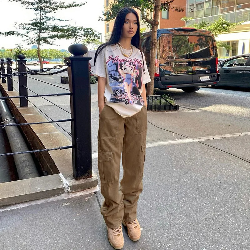 American Vintage Grunge Cargo Pant For Women Multi Pockets Hip Hop Wide Leg Baggy Jeans Lady Y2k Streetwear Clothing 250224