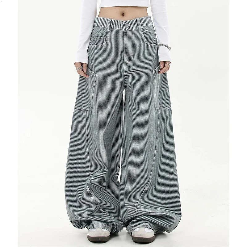 American Vintage Stripe Denim Jeans Women Hip Hop Loose Lazy Dance Trousers Fashion Harajuku Y2K Streetwear Cargo Wide Leg Pants 250225