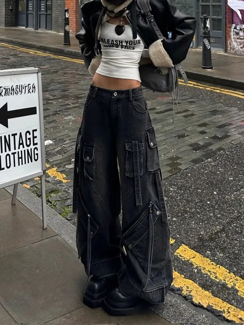 Fashion Heavy Industry Multi Pocket Wash Cargo Pants Women Y2K Streetwear Winter Girl Hip Hop High Waist Straight Jeans 250224