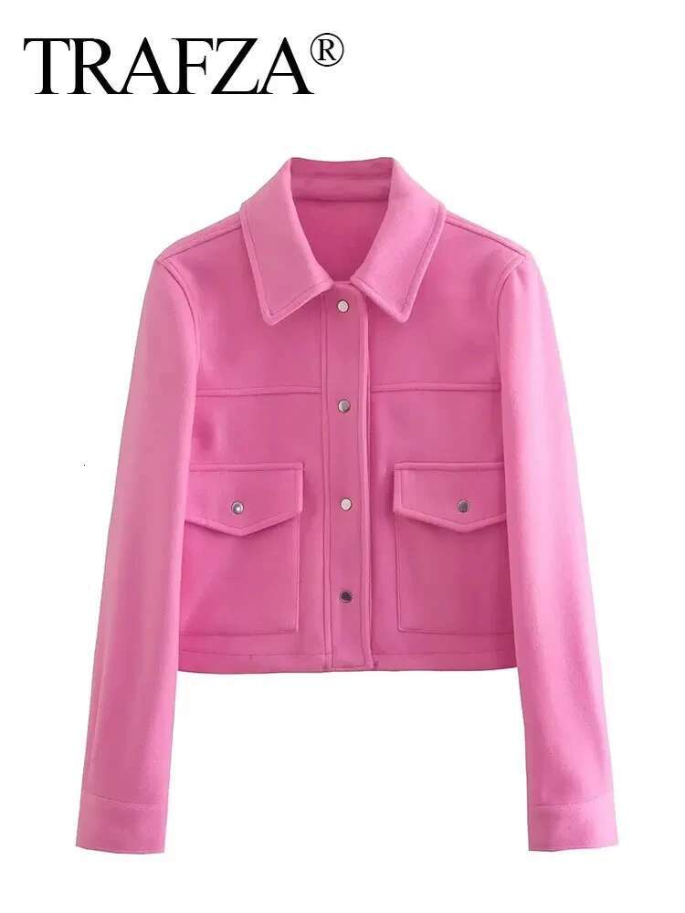 TRAFZA 2024 Autumn Winter Female Street Fashion Solid Jackets Causal With Pockets Button Turn Down Collar Elegant Coats