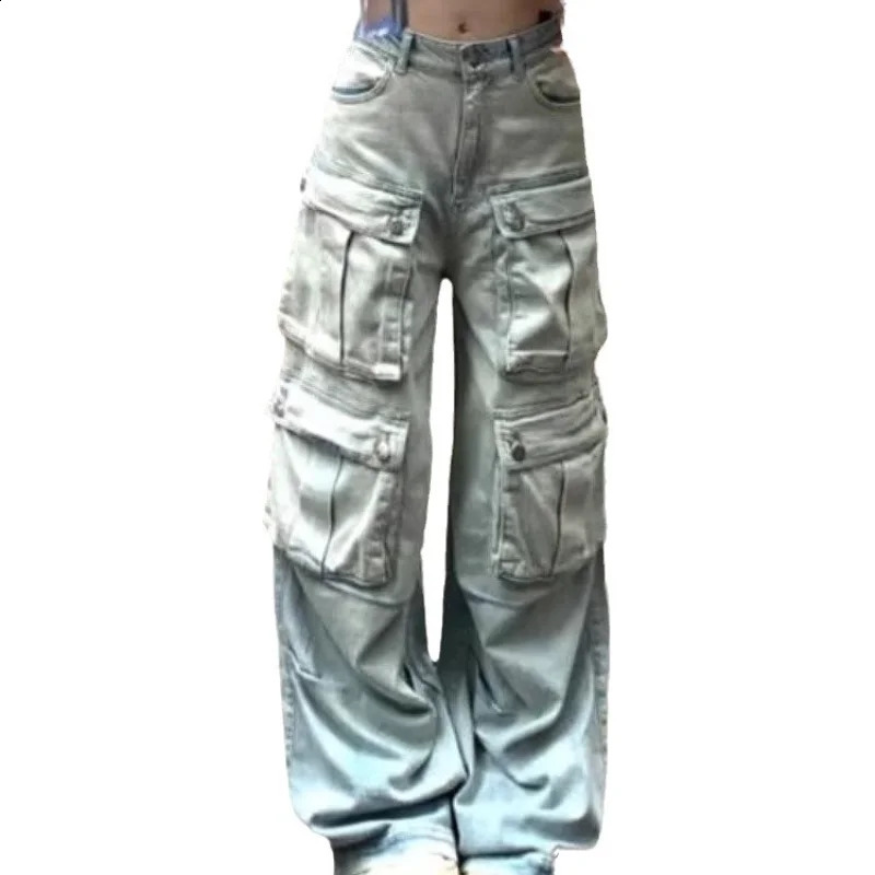 American Retro Multi Pocket Workwear Womens Jeans Sense Straight Tube Loose Wide Leg Pants Floor Length Pants Trendy 250224