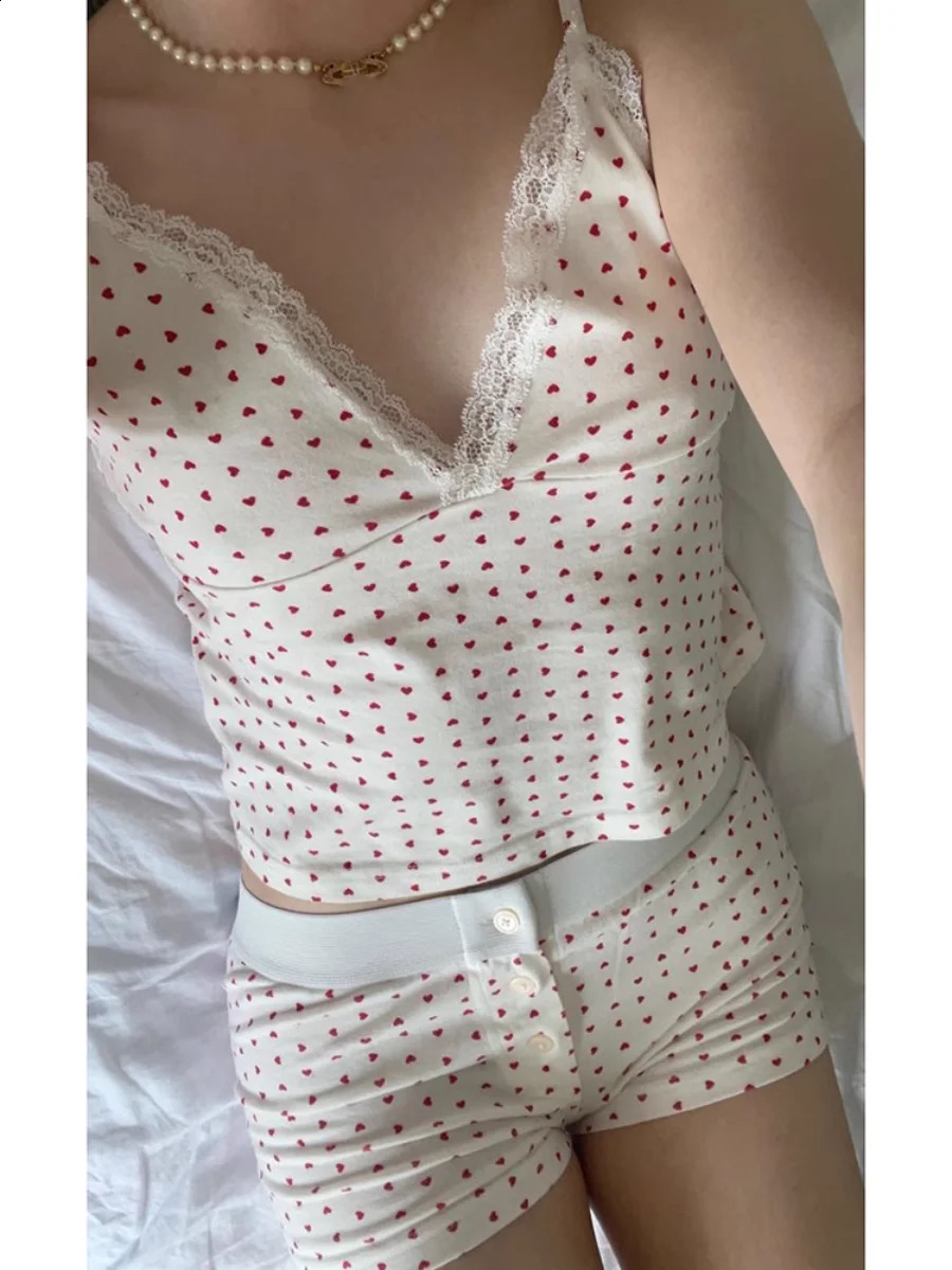 Heart Print Cotton Vest Shorts Set for Woman Summer Sweet Girl Sexy V Neck Lace Crop Top Buttons Short Pant Cute 2 Piece Sets 250228