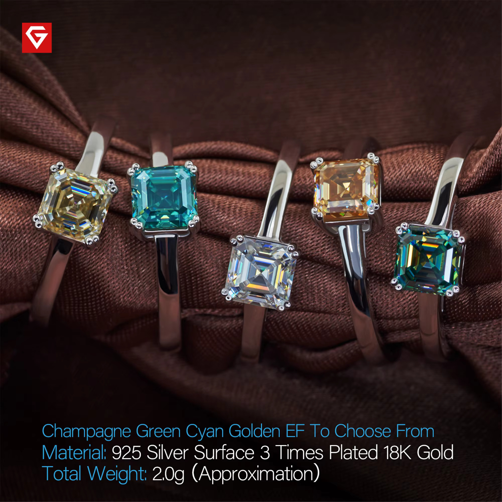 GIGEWE 0.8ct 5.5mm D and Cyan Color Asscher Cut White Gold Plated Sier Moissanite Ring