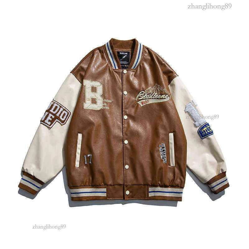 Varsity Leather Mens PU Baseball Jacket Men Women Vintage Embroidery Letter Patchwork College Coats Hip Hop Bomber Coat Unisex T2