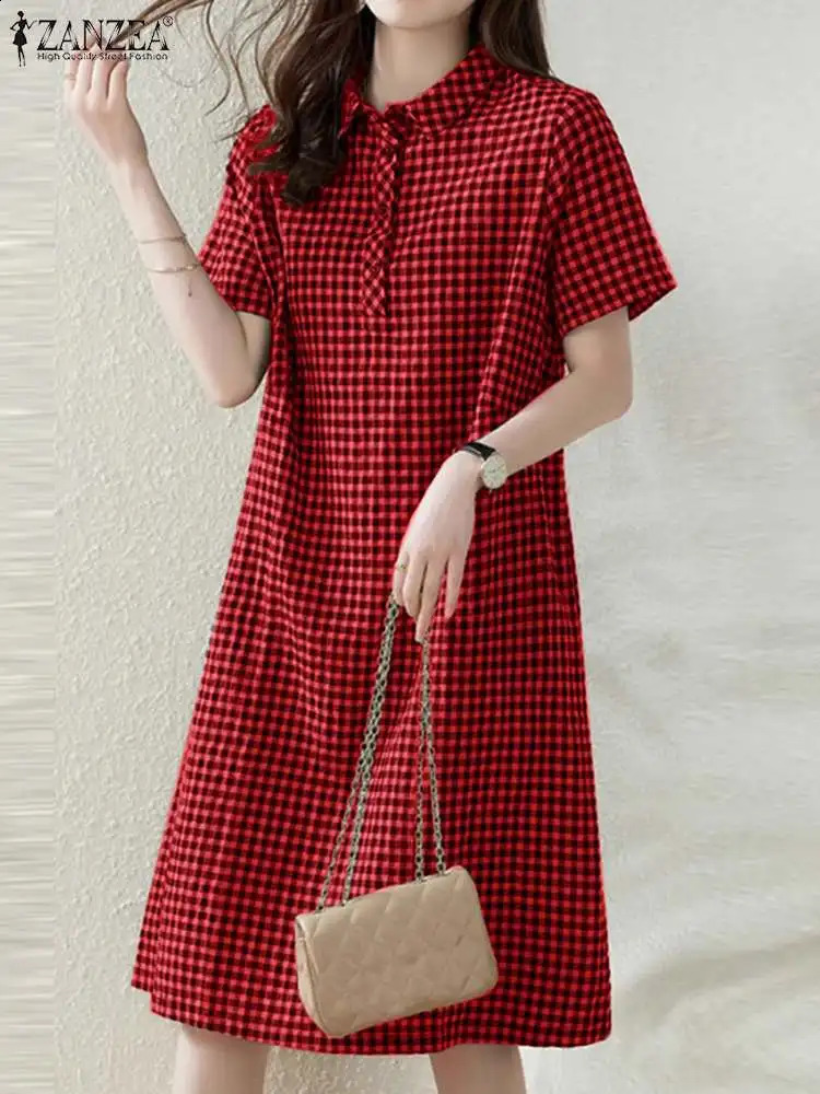 ZANZEA Women Plaid Long Shirt Dress Summer Short Sleeve Midi Dress Fashion Office Lapel Neck Robe Casual Loose Lady Dress 250226