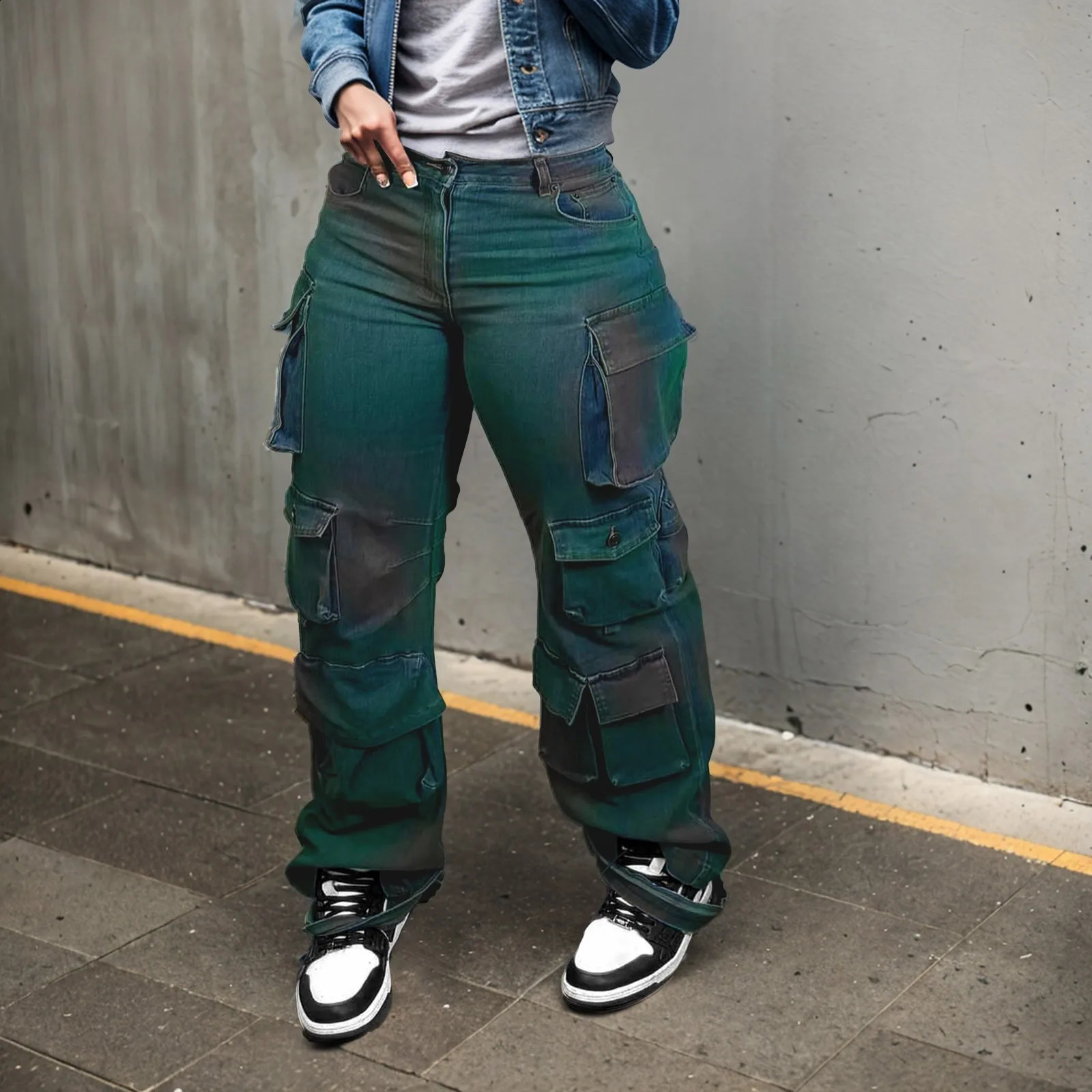 Trendy Style Pants Multi Pocket Wide Version Spray Painted Denim Straight Leg Work Pants Elastic Streetwear American Baggy Jeans 250224