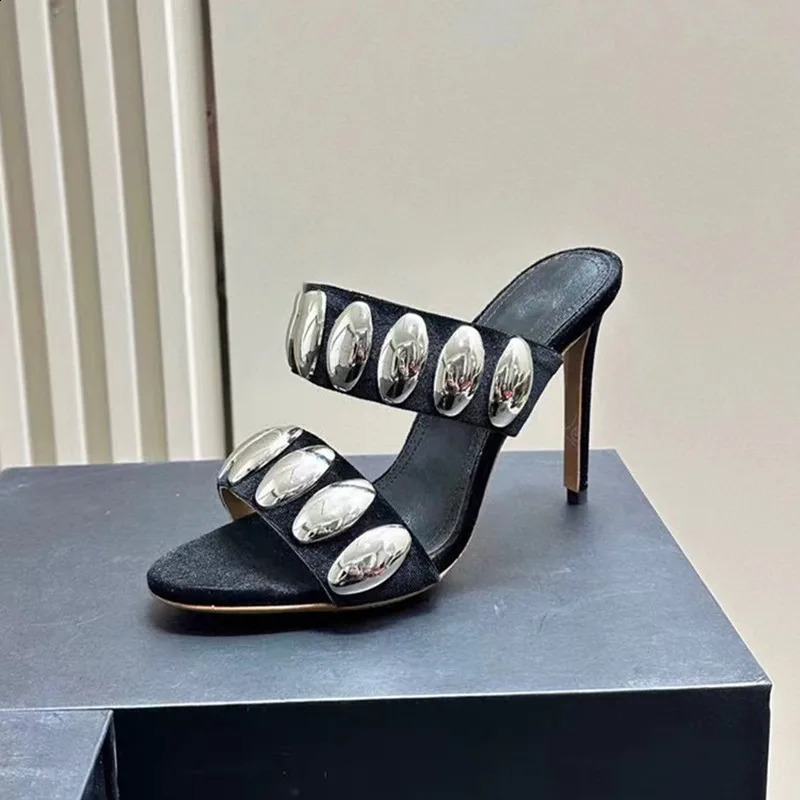 Summer Metal Decor Women Slippers Sandals Fashion Banquet Rivet Stiletto high Heels Suede Pumps Female Mules Slides 250228