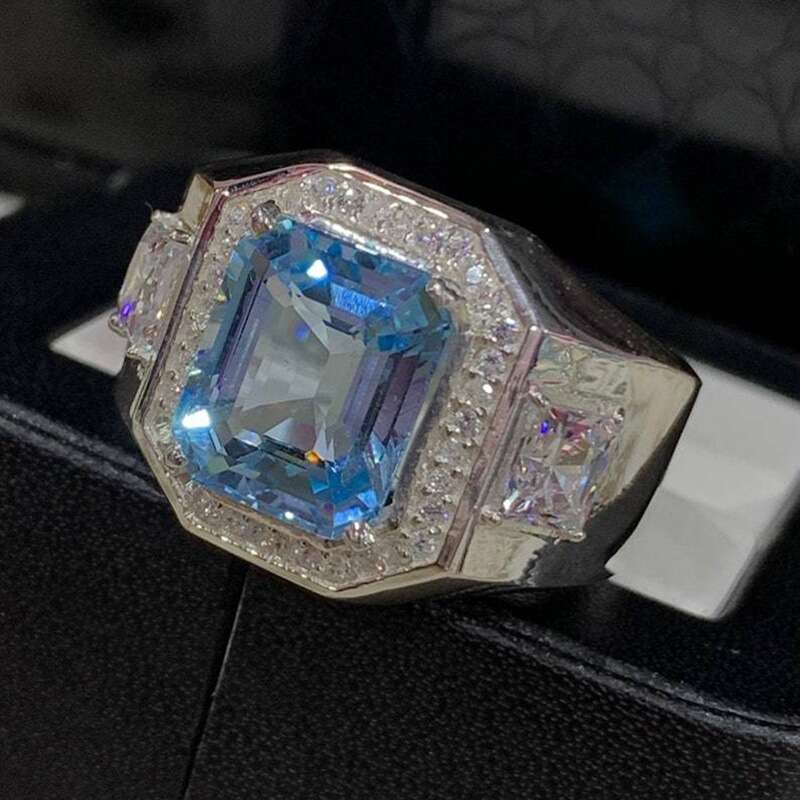 Feiyu's new square sea blue domineering fashionable men's bracelet silver diamond ring