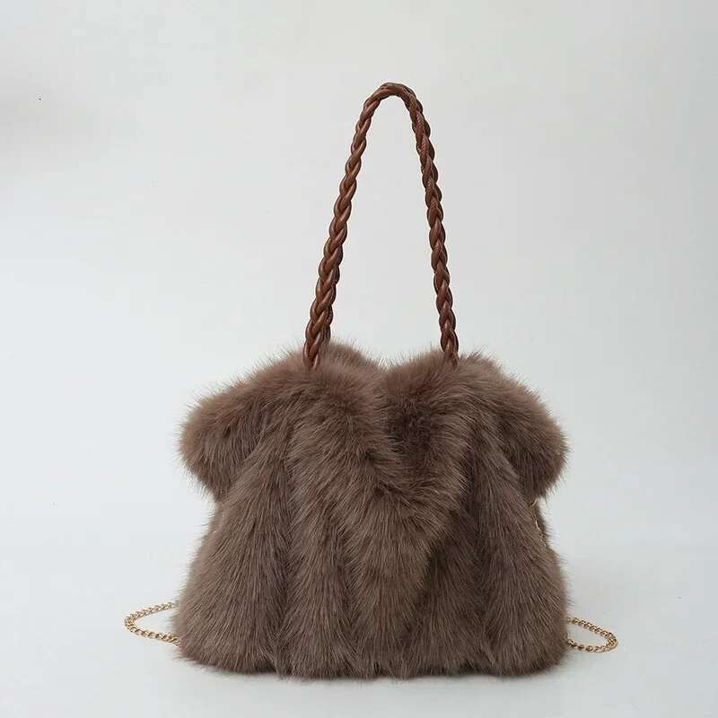 Large Capacity Solid Color Faux Fur Tote Fashion Pleated Design Women's Winter Plush Shoulder Fluffy Soft Shopper Bag Female