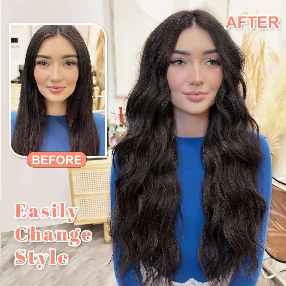 Clip In Long Wavy Synthetic Extension 24 Inch Black 6Pcs Thick Hairpieces Fiber Double Weft Hair For Women