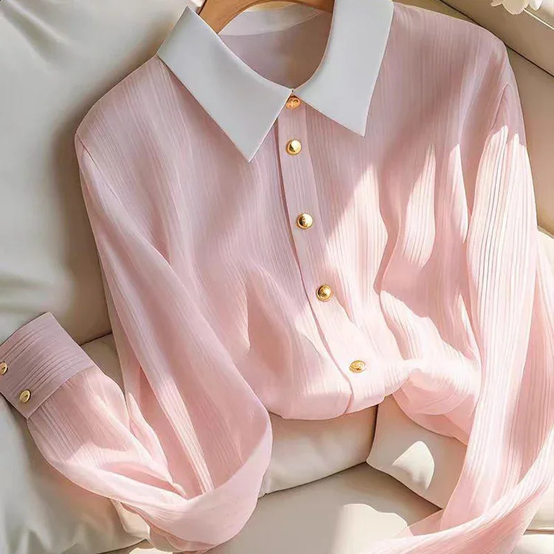 Long Sleeve Pink Shirt Spring Autumn Gentle Style Casual Loose Blouse Chic Tops Youthful Sweet Fashion Clothes for Women 250224