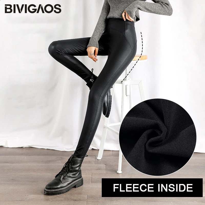 BIVIGAOS Autumn Winter Black Fleece Matte Leather Leggings Women High Waist Sexy Motorcycle Pants Slim Skinny Warm Leggings 250225