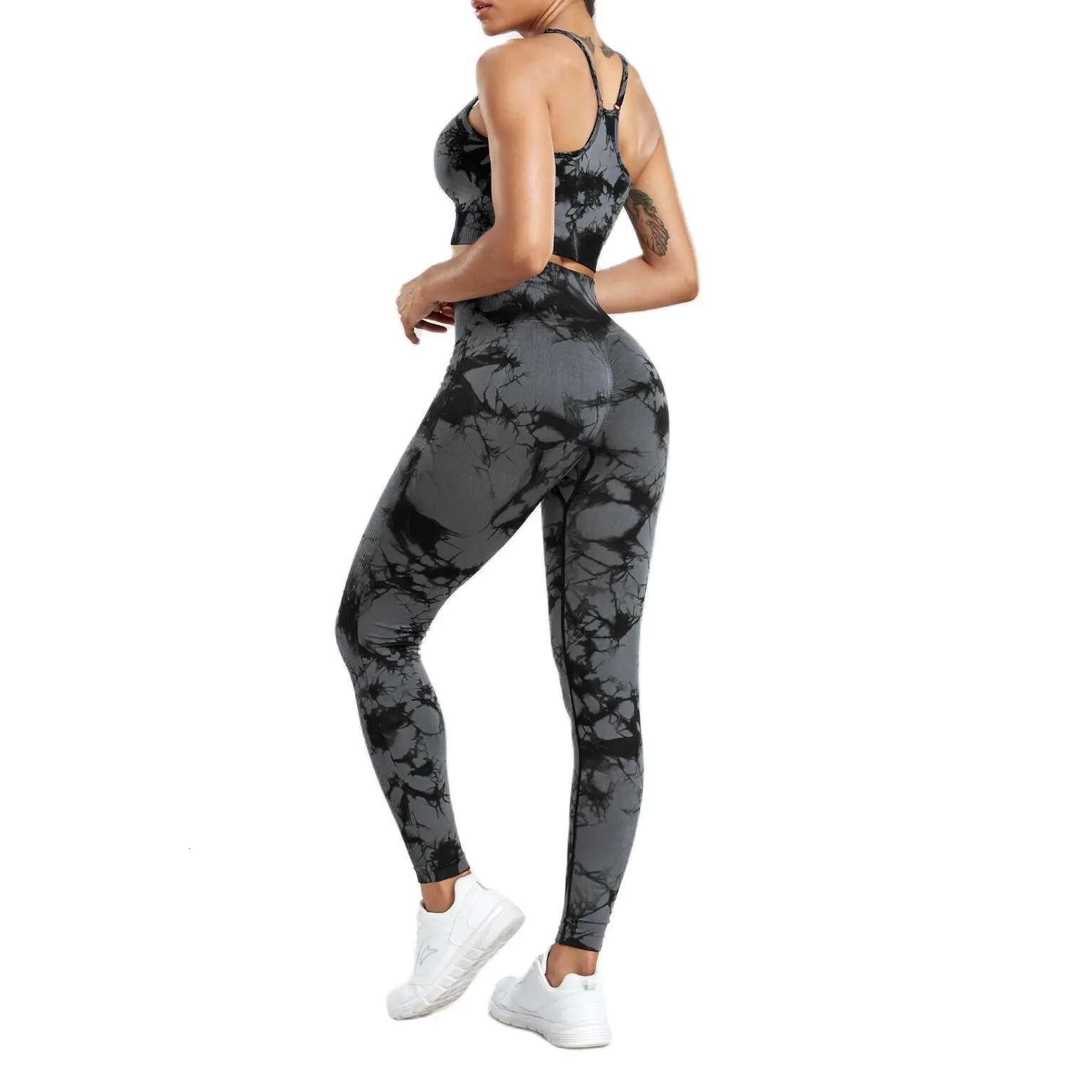CHRLEISURE Women Tie Dye Yoga Set Seamless Fiess Suit Workout Legging With Running Bra Activewear Female Elastic Gym Wear
