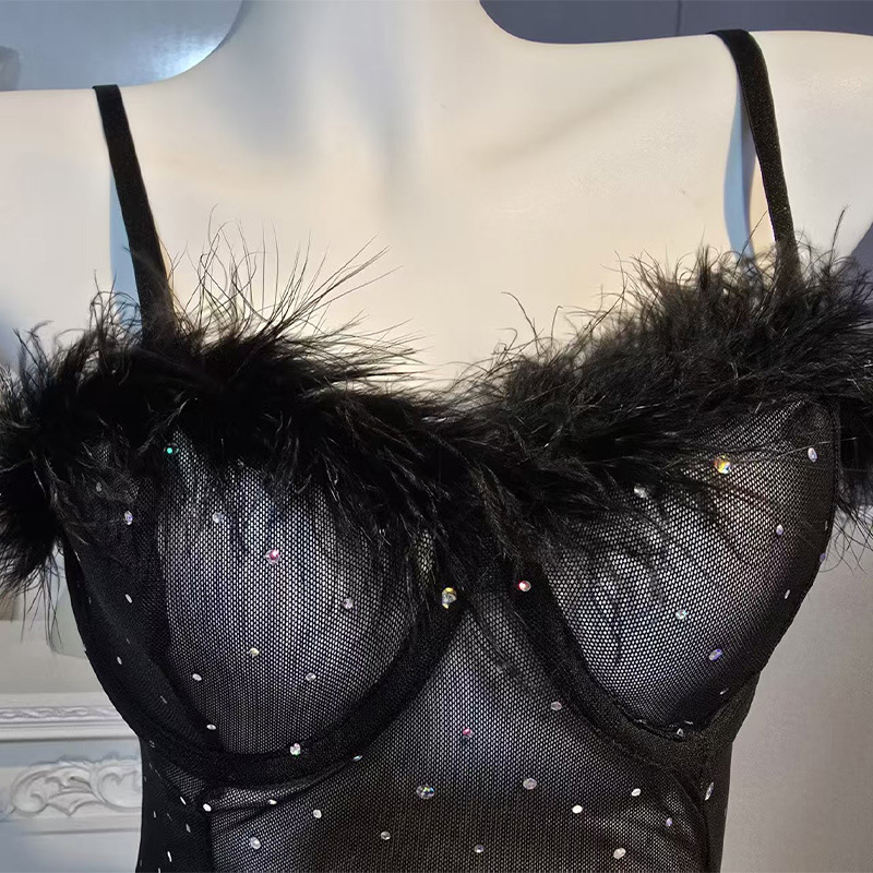 S140 New Spring and Summer Sexy Pajamas Sequined Feather Dress Slit Elastic Pure Desire