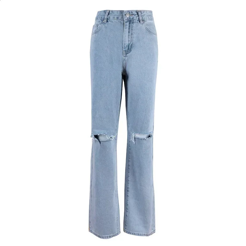Womens Jeans Washing Y2k Denim Straight Mom Pants Ankle Length High Waist Zipper Holes Pockets Loose Streetwear Casual Work 250225