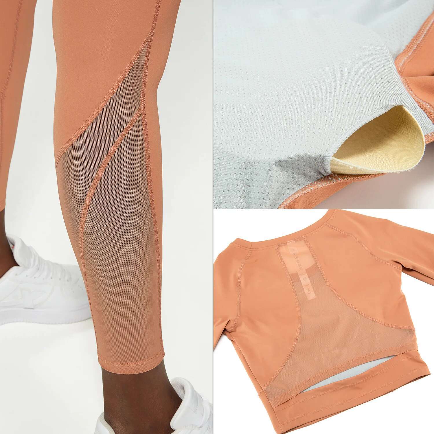 PMW Run Women's Pilates Wear Set Nude Fabric Yoga Padded Long Sleeve Crop Top Legging Pants Fiess Suit