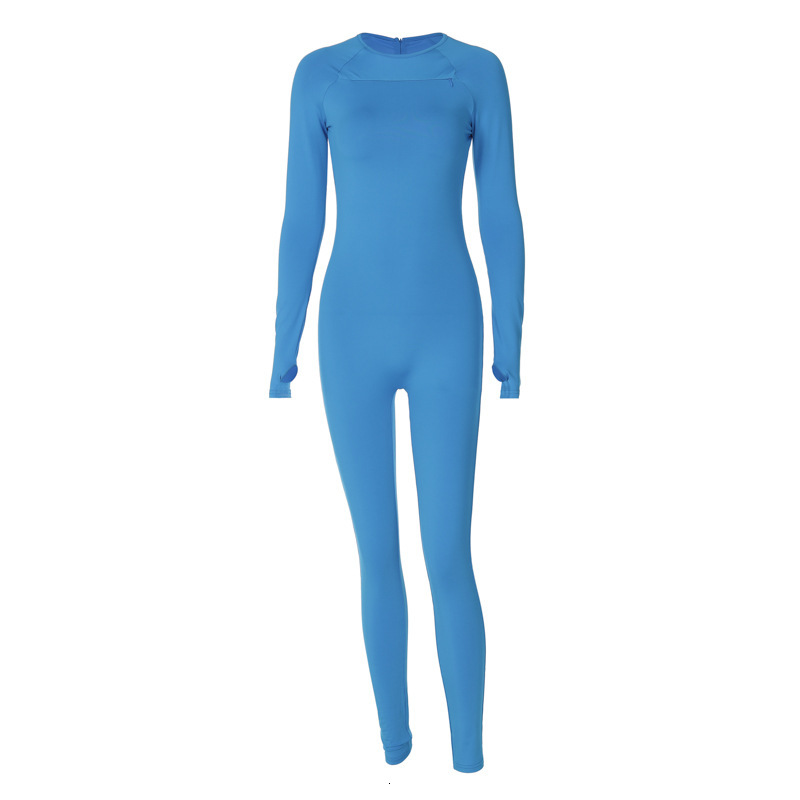 Women's New4 Spring New Fashion Street Shoot Solid Color Slim Fit Round Neck Long Sleeved Jumpsuit
