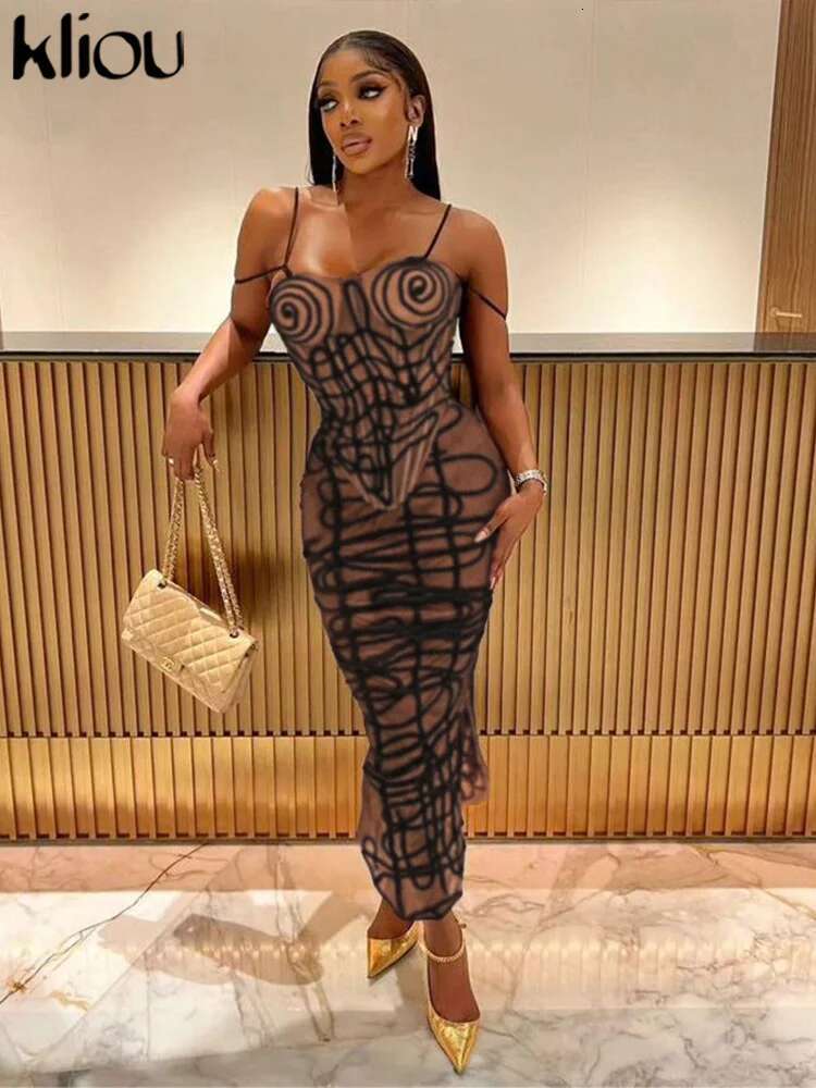 Kliou Summer Women Ankle-Length Sexy Mesh Two Piece Set K24s45555 Girl Striped Camis Slimming Tube+Hip Skirt Matching Attirewear